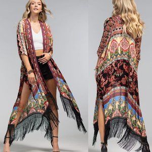Boho Floral Damask Dainty Fringe Kimono Cape Duster
